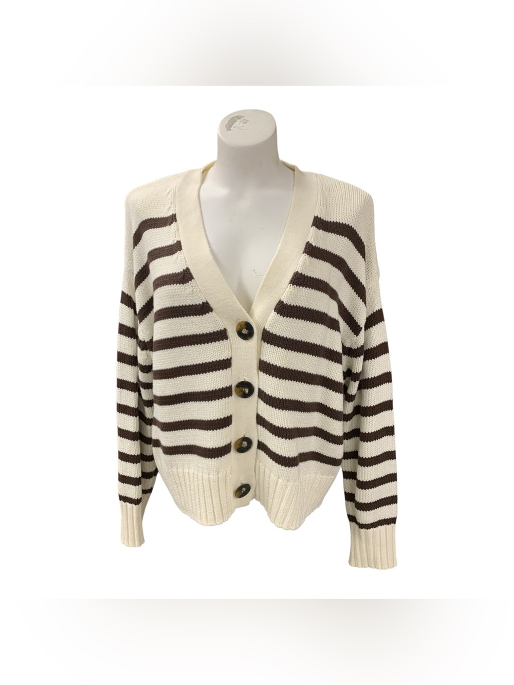 Willow & Wind Striped V-Neck Button-Front Cardigan - Cream & Brown Size L